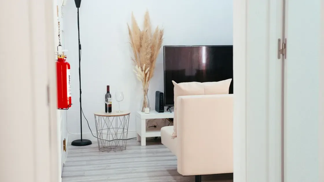 Röd brandsläckare i väggfäste innanför dörren till ett vardagsrum med soffa och tv